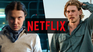 (L to R) Millie Bobby Brown as Eleven in "Stranger Things" season 5 on Netflix; Austin Butler as Hank in "Caught Stealing" on Netflix. 