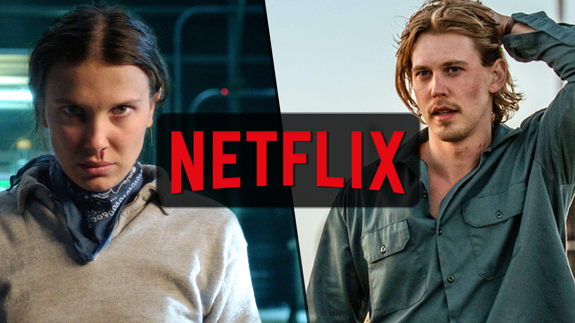 (L to R) Millie Bobby Brown as Eleven in "Stranger Things" season 5 on Netflix; Austin Butler as Hank in "Caught Stealing" on Netflix.