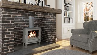 brick fireplace with wood burning stove