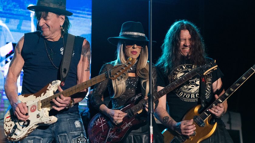 SAN PEDRO, CALIFORNIA - FEBRUARY 27: (L-R) Musicians Richie Sambora of Bon Jovi, Orianthi and Phil X of Bon Jovi perform onstage with Kings of Chaos during the Rock for Responders Benefit Concert at Battleship USS Iowa Museum on February 27, 2025 in San Pedro, California. 