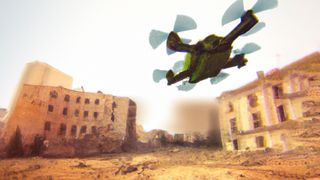 Quadcopter drone flying over wartorn buildings generated by DALL-E AI