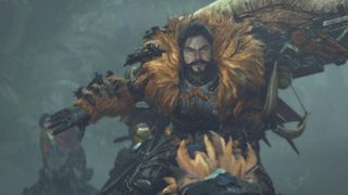 Monster Hunter Wilds review; a man with a beard dressed in feathers and furs carries a large sword