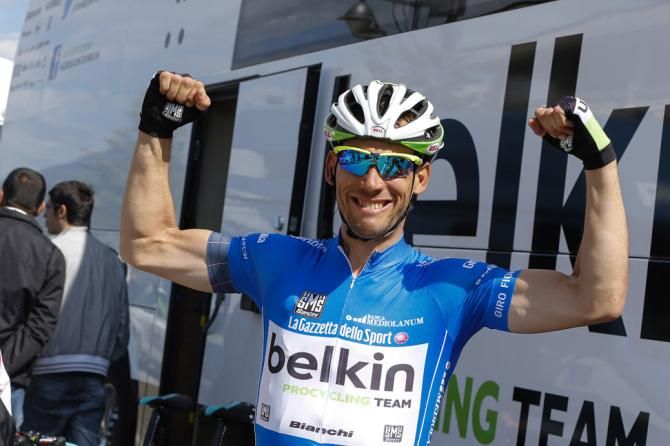 Mountain's classification leader Maarten Tjallingii shows off his muscles