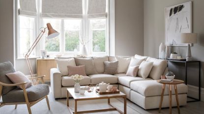 Picture of a minimaluxe living room decorated in soft furnishing and light earthy colours 