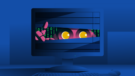 Robot peeping from computer monitor. Surveillance, artificial intelligence anxiety, internet spying concept. Vector illustration.