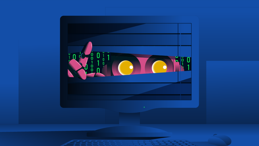 Robot peeping from computer monitor. Surveillance, artificial intelligence anxiety, internet spying concept. Vector illustration.