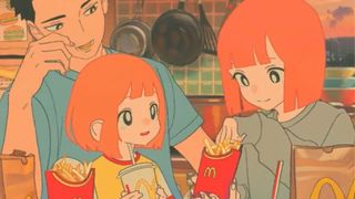 Anime style animation of a family enjoying a McDonald's meal
