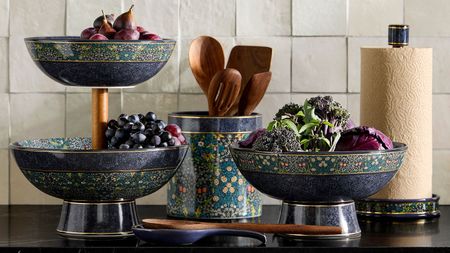 The Williams Sonoma x Morris & Co. Costwold collab colletion against white square tile backsplash
