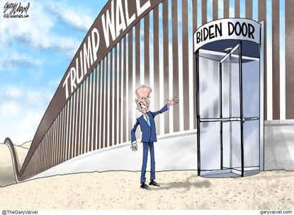 Political Cartoon U.S. Biden Trump wall Mexico