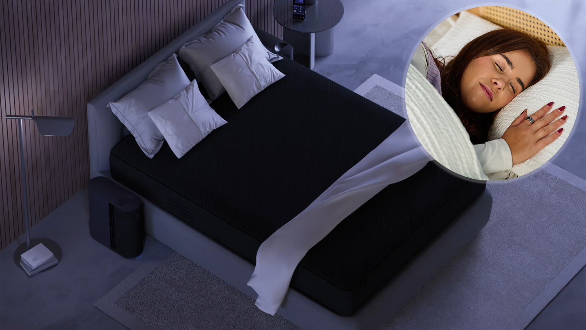 An image of the Eight Sleep Pod on a bed, in the corner an inset showing sleep tech writer Eve Davies