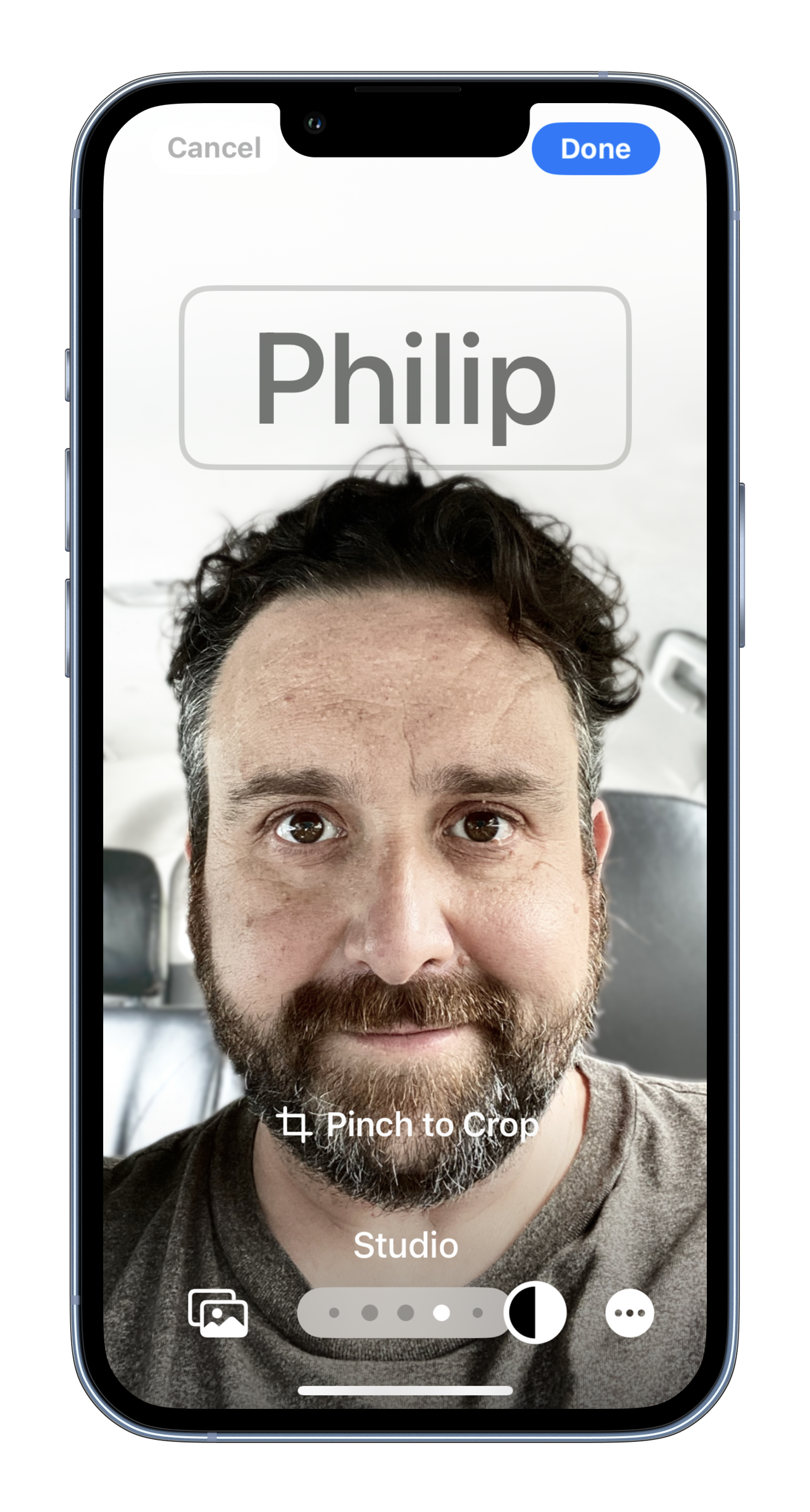 MockUPhone screenshots of the contact poster on iOS 17 showing my face with name and different color and filter options