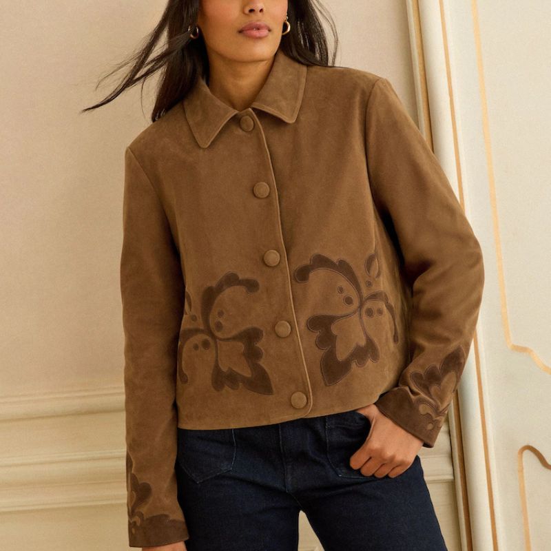 Love &amp;amp; Roses , Brown Applique Suedette Collared Swing Jacket