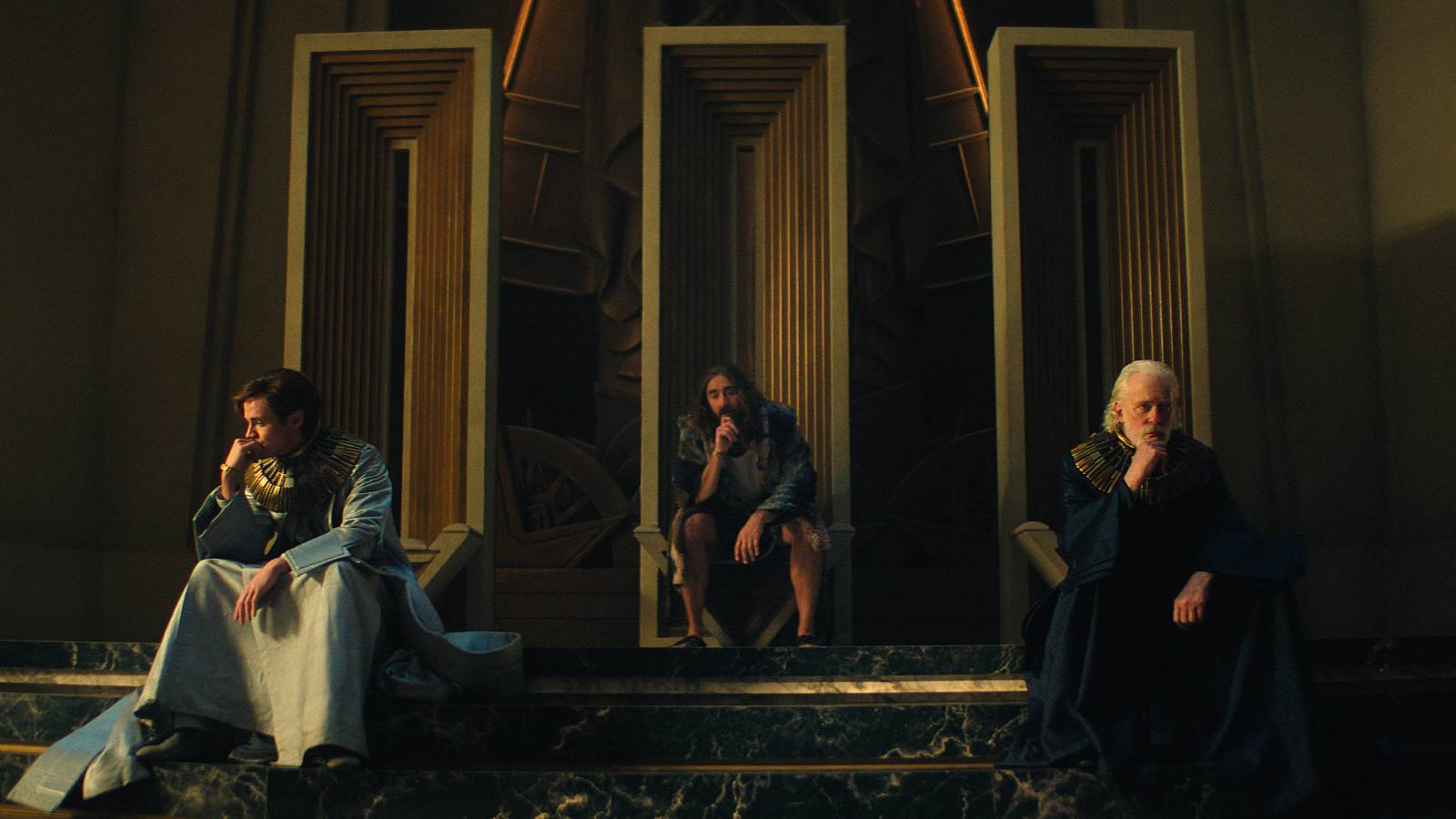 Cassian Bilton, Lee Pace and Terrence Mann in Foundation season 3.
