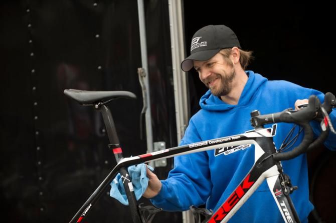 Eric Fostvedt puts a shine on the bikes for the photo shoot.