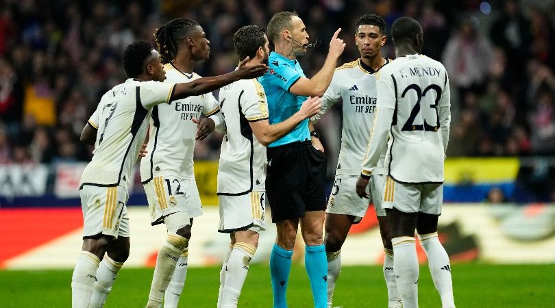 Real Madrid players protest to the referee in a Copa del Rey tie against Atletico Madrid in January 2024.