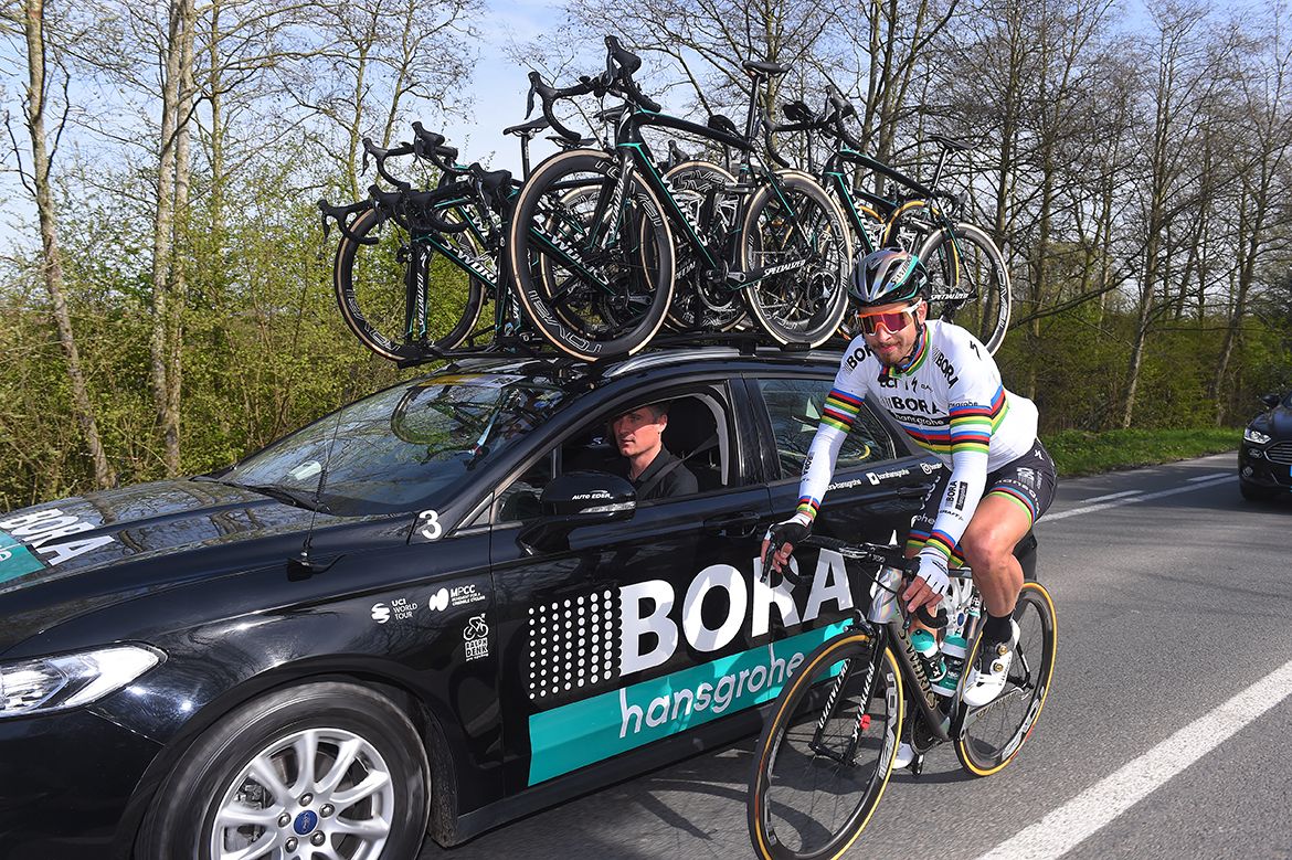 Gent-Wevelgem defending champion Peter Sagan at the Bora-Hansgrohe team car midway through the race