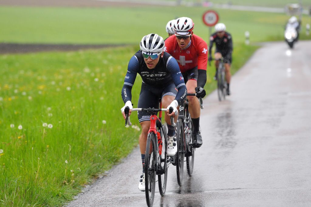 ESTAVAYER SWITZERLAND APRIL 30 Charlie Quarterman of United Kingdom and Team Trek Segafredo on breakaway during the 74th Tour De Romandie 2021 Stage 3 a 1687km stage from Estavayer to Estavayer TDR2021 TDRnonstop UCIworldtour on April 30 2021 in Estavayer Switzerland Photo by Luc ClaessenGetty Images
