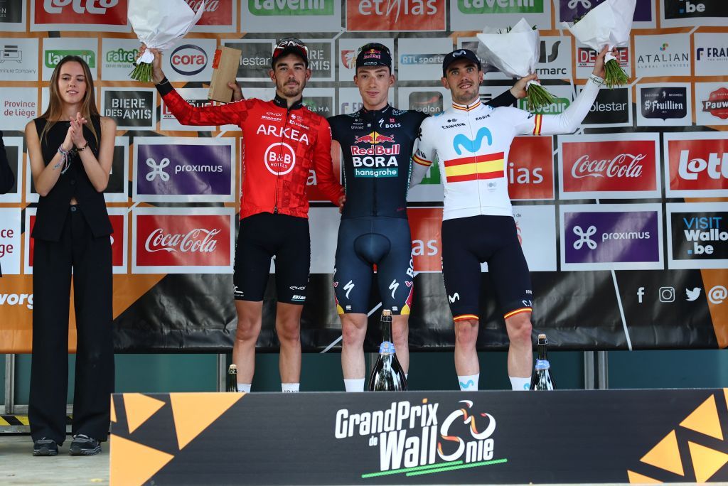 French Clement Champoussin of Arkea-BB Hotels, Spanish Roger Adria of Red Bull-Bora-Hansgrohe and Alex Aranburu of Movistar Team pictured on the podium after the one day cycling race Grand Prix de Wallonie 2024 (202,3 km), from Blegny to the Citadelle de Namur, in Namur, on Wednesday 18 September 2024.
BELGA PHOTO DAVID PINTENS (Photo by DAVID PINTENS / BELGA MAG / Belga via AFP)