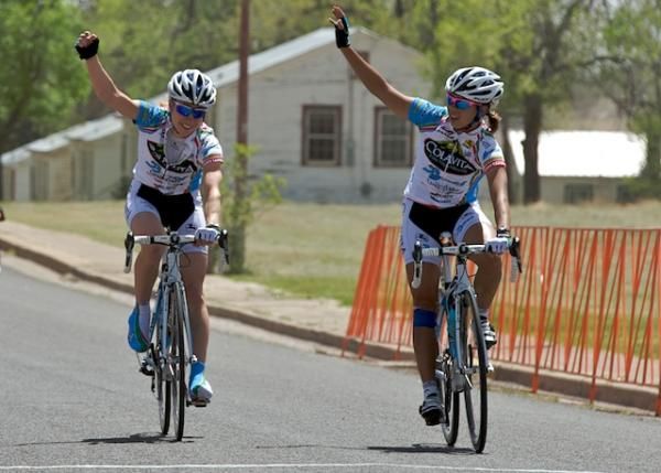 Side-by-side: Carman Small and Andrea Dvorak cross the line to giva Colavita-Baci for first and second.