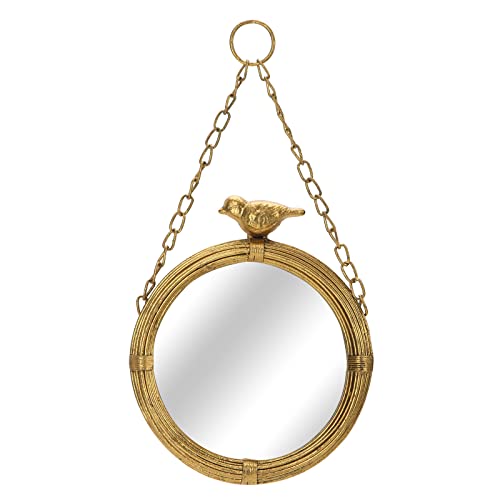 Nikky Home 6.7 Inch Decorative Small Hanging Mirrors Vintage Round Metal Framed Wall Mounted Mirror Decor With Bird for Bathroom Living Room Office, Rustic Gold