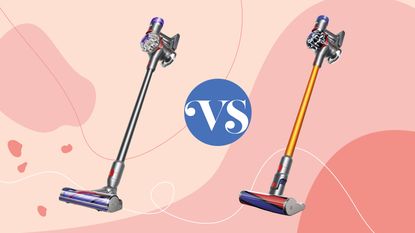 Dyson V8 and Dyson V8 Absolute cordless vacuums on Ideal Home style pink illustrated background