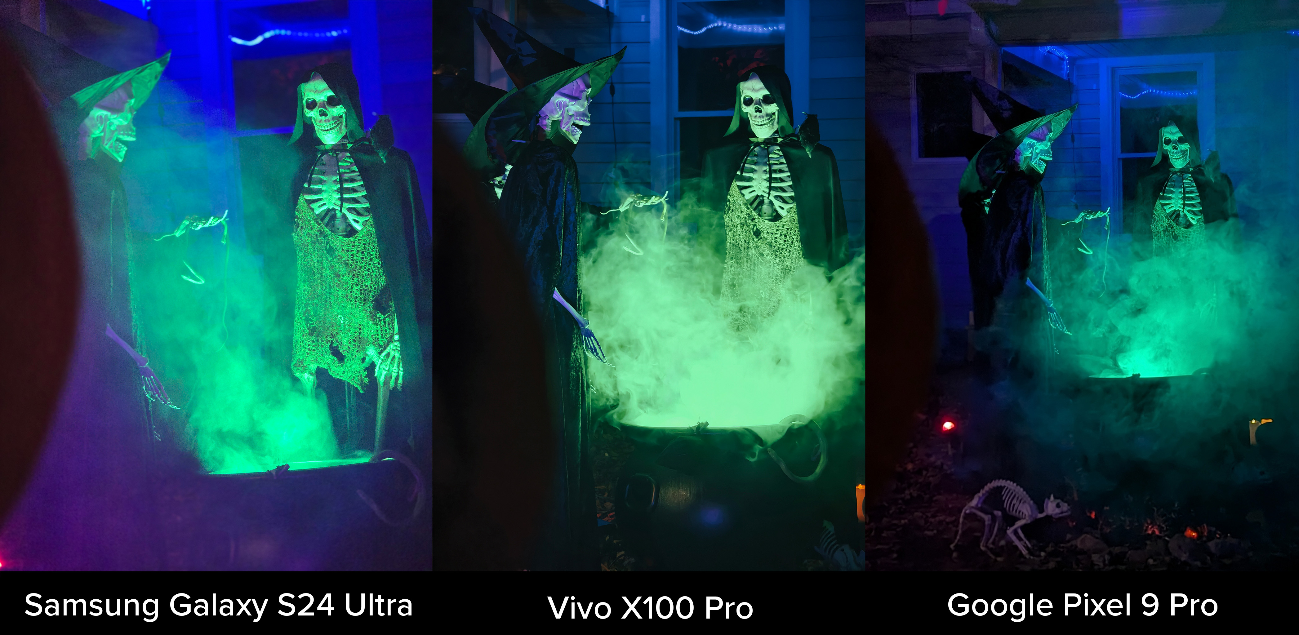 A photo comparison between the Samsung Galaxy S24 Ultra, Google Pixel 9 Pro XL, and Vivo X100 Pro's portrait mode at night of Halloween decorations