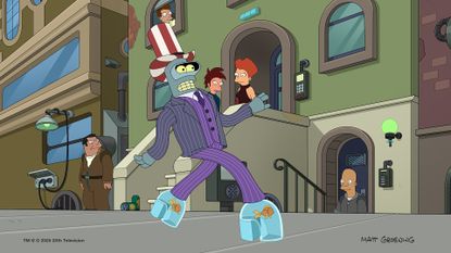 Bender walking down the street in a ridiculously flamboyant outfit