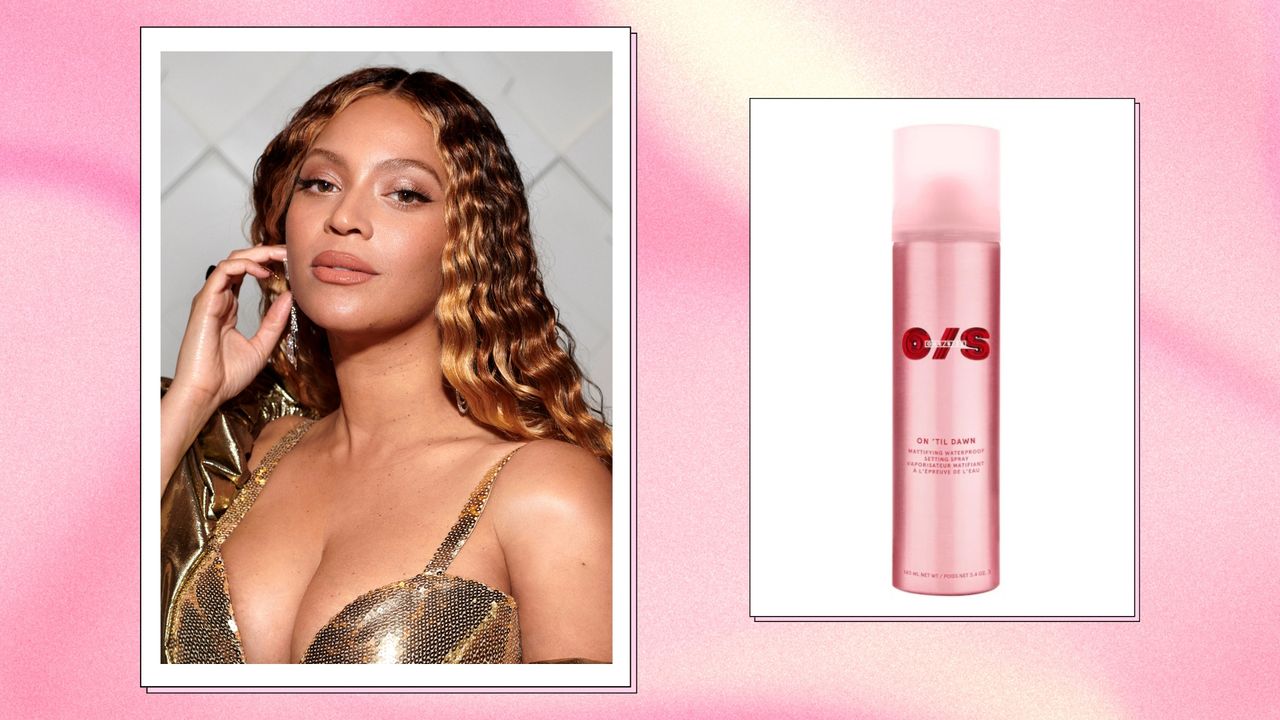 Beyoncé pictured attending the Atlantis The Royal Grand Reveal Weekend, a new ultra-luxury resort on January 21, 2023 in Dubai, United Arab Emirates/ alongside a bottle of the On Til&#039; Dawn ONZE/SIZE Setting Spray/ in a pink and cream gradient template