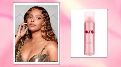 Beyoncé pictured attending the Atlantis The Royal Grand Reveal Weekend, a new ultra-luxury resort on January 21, 2023 in Dubai, United Arab Emirates/ alongside a bottle of the On Til' Dawn ONZE/SIZE Setting Spray/ in a pink and cream gradient template