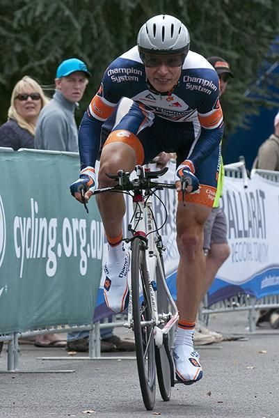 William Clarke in his new Champion Systems outfit during the men's elite time trial championship in Learmonth.
