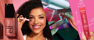 Makeup products and models in a collage