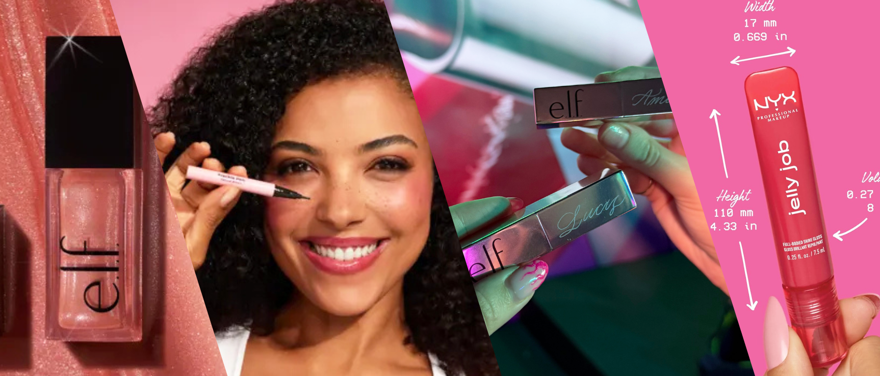 Makeup products and models in a collage