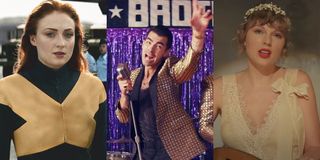 Sophie Turner in X-Men, Joe Jonas in Jonas Brothers music video, Taylor Swift in Evermore music video