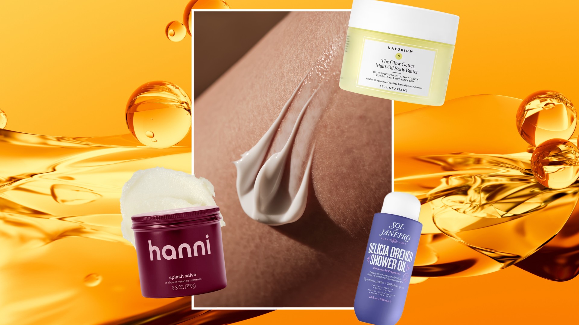 a collage of body butters and oils over a photo of moisturizer sitting on a person&#039;s skin