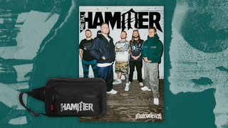The band Malevolence on the cover of Metal Hammer magazine, with a bag that has HAMMER written on it