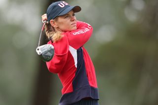 Sarah Schmelzel hits a tee shot with a driver