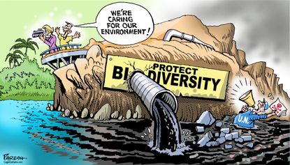 Political Cartoon U.S. UN report protect biodiversity sustainable development