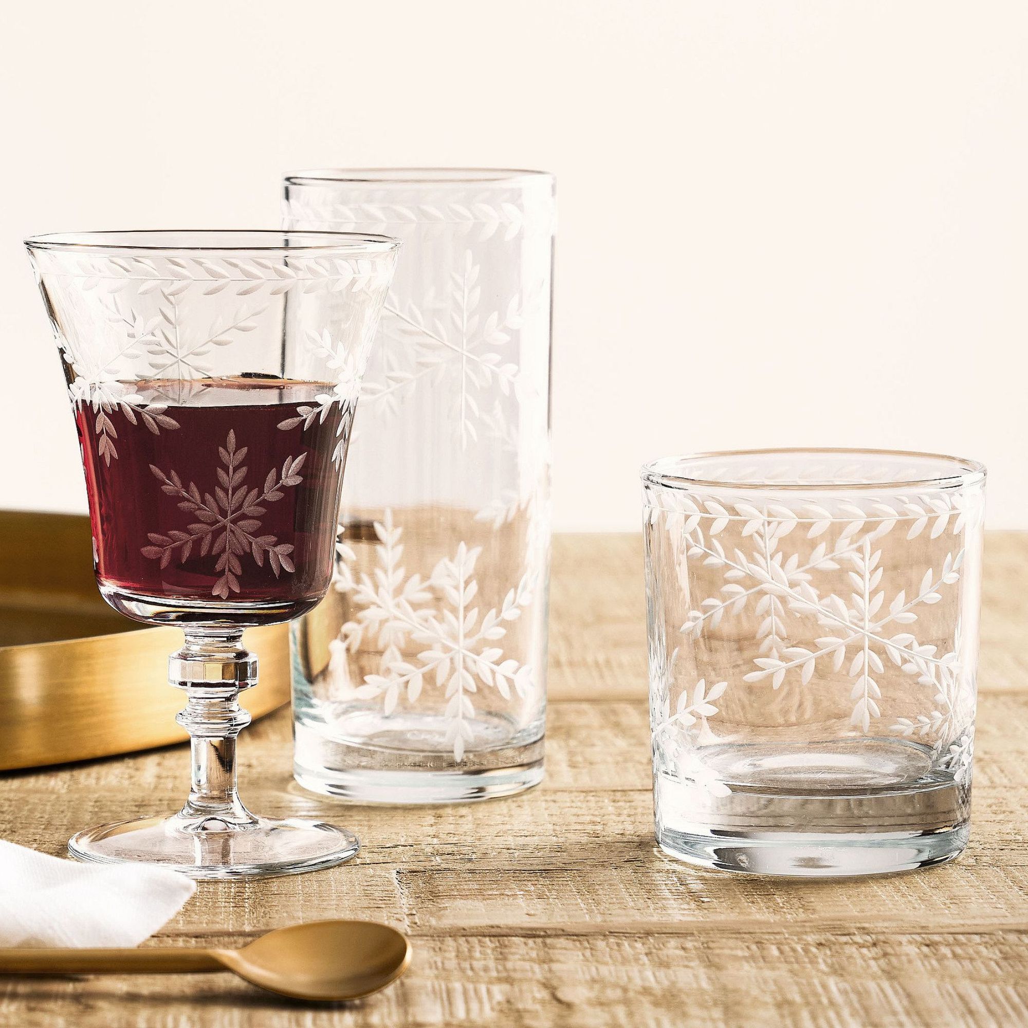Etched snowflake goblet, highball glass and old fashioned glass