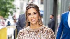Eva Longoria wearing a brown sequin outfit in New York