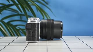 A Fujifilm X-M5 mirrorless vlogging camera in the silver colorway