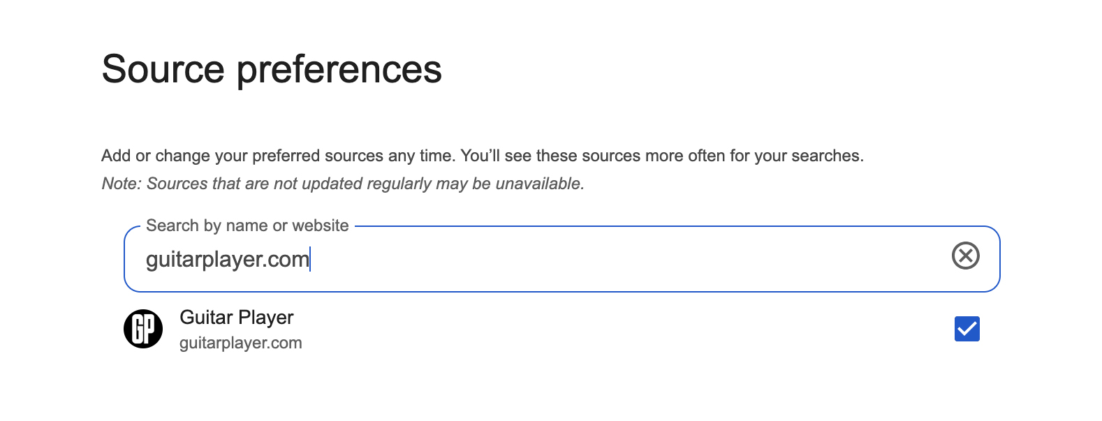 A screengrab showing the Google source preference window for Guitar Player