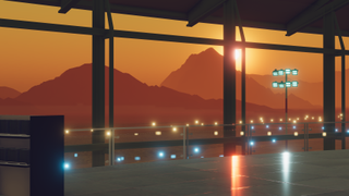 An airport at sunset