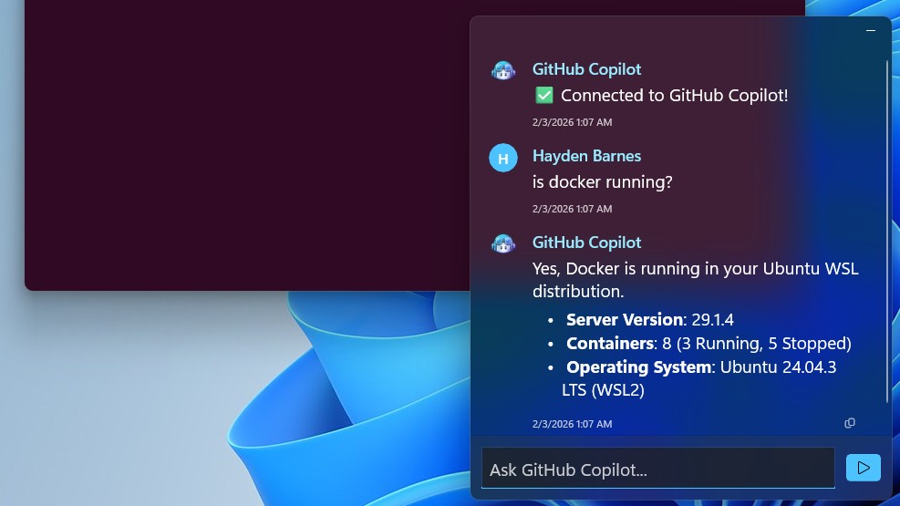 GitHub Copilot Taskbar GUI being asked about Docker.