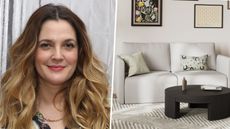 drew barrymore on a white background and the sectional for her beautiful collection