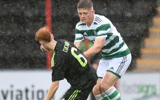 AIRDRIE, SCOTLAND - SEPTEMBER 06: Celtic's Daniel Kelly (R) and Real's Marc Cucalon Pina during a UEFA Youth League match between Celtic and Real Madrid at the Excelsior Stadium, on September 06, 2022, in Airdrie, Scotland. (Photo by Ross MacDonald/SNS Group via Getty Images)