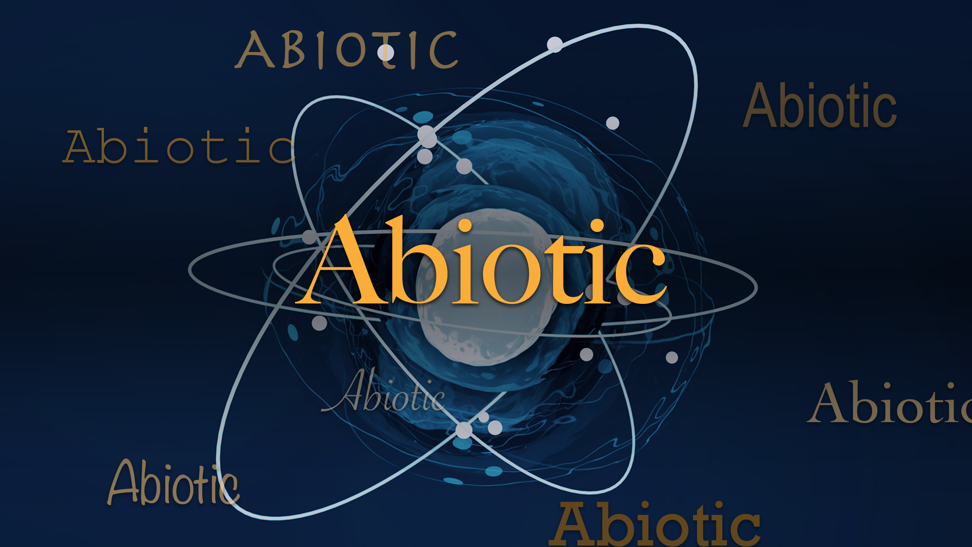 The word 'abiotic' centered in yellow on a dark blue background with white oval features.