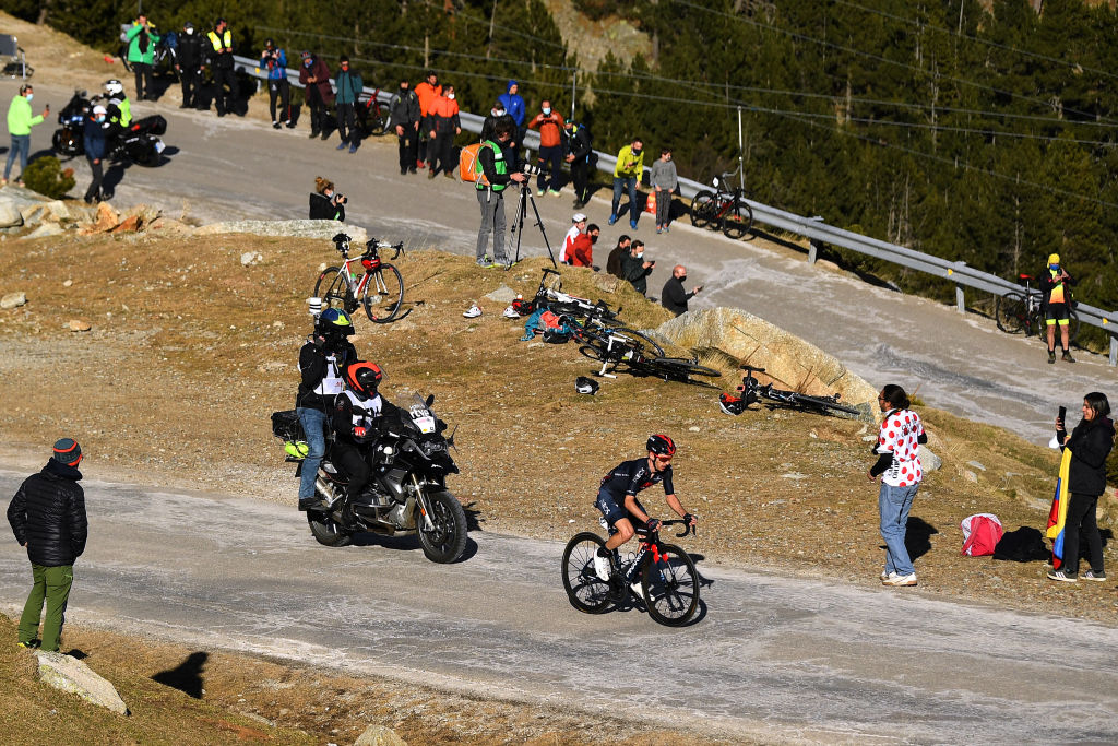 VALLTER 2000 SETCASES VALL CAMPRODON SPAIN MARCH 24 Adam Yates of United Kingdom and Team INEOS Grenadiers during the 100th Volta Ciclista a Catalunya 2021 Stage 3 a 2031km stage from Canal Olmpic de Catalunya to Vallter 2000 Setcases Vall Camprodon 2125m Attack Breakaway Public Fans Landscape VoltaCatalunya100 on March 24 2021 in Vallter 2000 Setcases Vall Camprodon Spain Photo by David RamosGetty Images