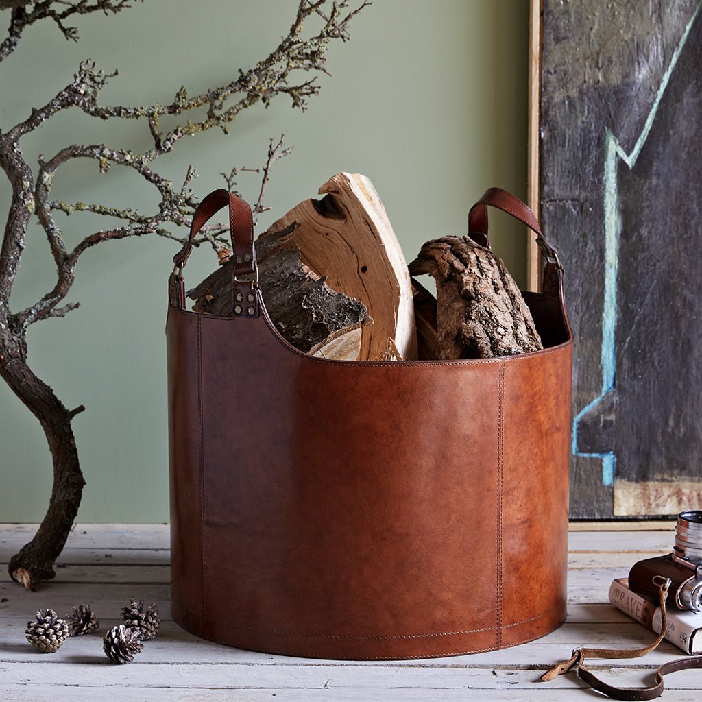 Leather Round Log Basket