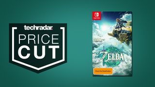 The Legend of Zelda: Tears of the Kingdom game on dark green background, beside text that reads 'price cut'