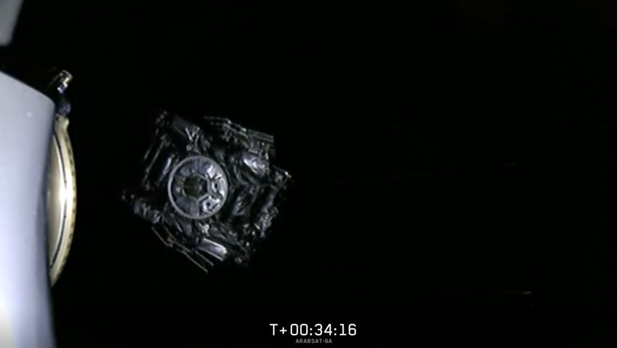 The communications satellite Arabsat 6A separates from the second stage of SpaceX's Falcon Heavy rocket during its April 11, 2019 launch, ending a successful liftoff and trip to orbit.